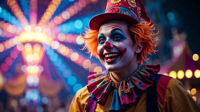 Smiling clown with colorful makeup and red wig under vibrant lights of carnival ride. Concept of festive entertainment and childhood nostalgia