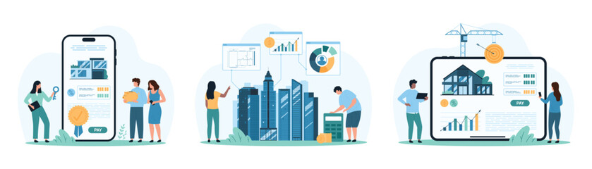 Investment to real estate set. Tiny people calculate loan or price of residential and commercial property purchase, research market offers on tablet screen, choose house cartoon vector illustration