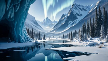 Northern lights over frozen lake with snowy mountains and pine trees in winter landscape. Concept of natural beauty and serenity - Powered by Adobe