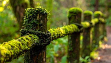 Moss covers weathered wooden fence posts connected by rope in a sun-dappled forest setting