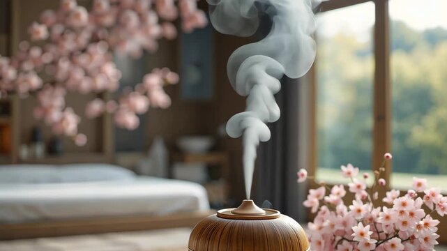 Ceramic aroma diffuser releasing smoke in cozy room with cherry blossoms and soft natural light. Concept of wellness and relaxation