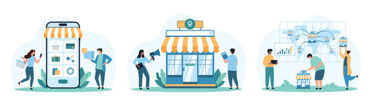Online shopping, franchise business development set. Tiny people announce in megaphone retail store launch, choose gifts in menu category, pin new shop model on map cartoon vector illustration