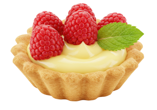 Isolated raspberry tartlet with custard, pastry shell, and mint leaf for patisserie menu