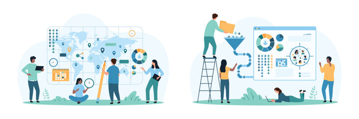 Sociology and marketing analysis set. Tiny people work with funnel for focus group, research data conversion in charts and global location of social groups on world map cartoon vector illustration