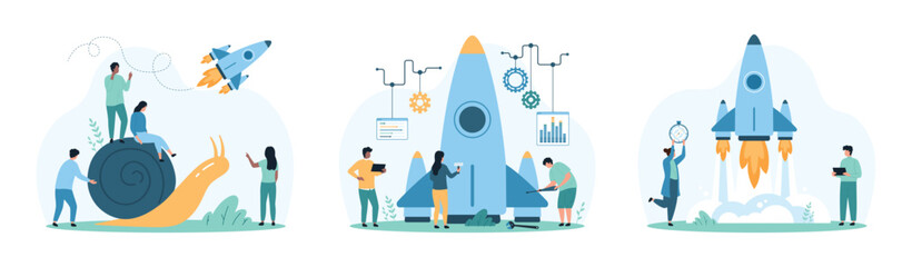 Advantages in business competition, leadership career growth set. Tiny people work to launch fast rocket into space, boost efficiency and better career start with efforts cartoon vector illustration