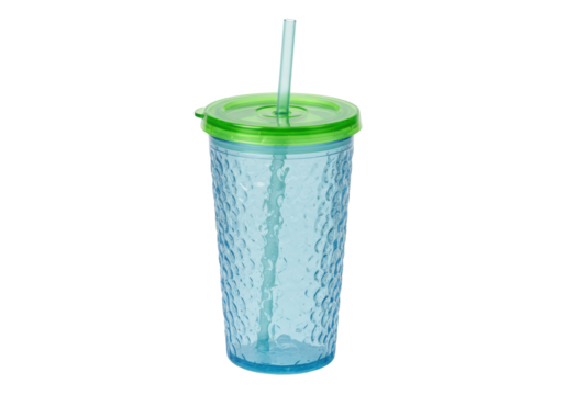Isolated cold beverage plastic drinking cup with straw and green lid for travel or picnic