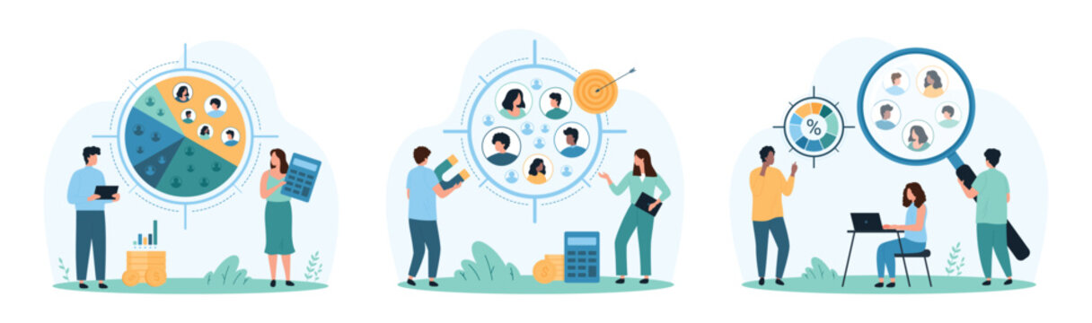 Target audience and focus group analysis set. Tiny people research customer survey results and clients profiles with magnifying glass, analyze segments of pie chart cartoon vector illustration