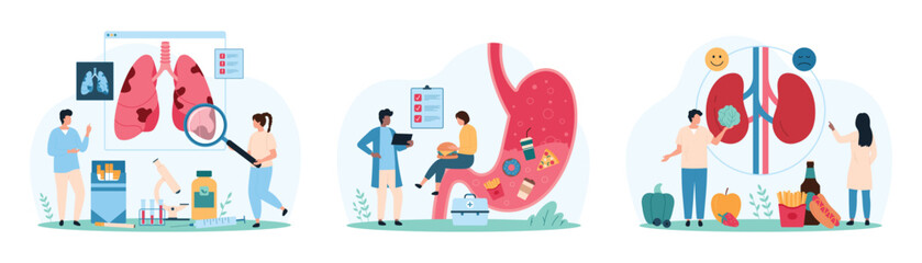 Bad effects of unhealthy lifestyle on internal organ health set. Tiny people check smoking damage on lungs, warning of danger of renal stones and gastritis from fast food cartoon vector illustration