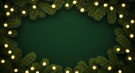 Festive christmas wreath frame with warm glowing fairy lights on a dark green background for holiday invitations