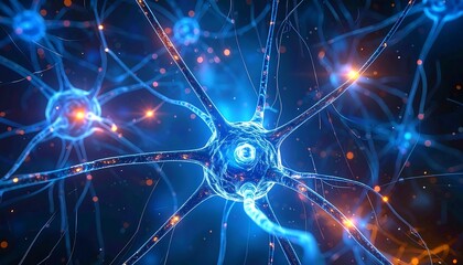 Glowing blue neural network visualization with orange sparks, suggestive of complex connections and data flow