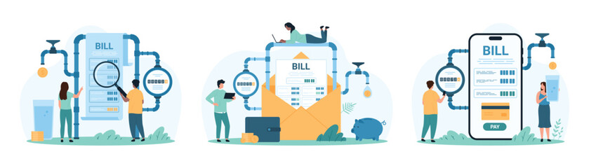 Payment for water supply, utility bill set. Tiny people check water consumption in household system with meter readings, pay for invoice in mobile app and paper letter cartoon vector illustration