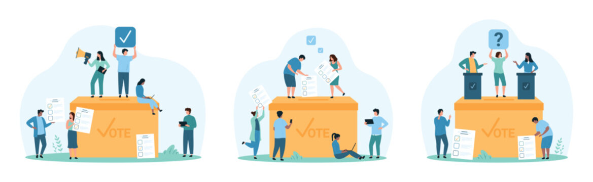Election campaign, politics, referendum set. Tiny people with megaphone call to vote and elect politician, choose between candidates, voters put ballots in vote box cartoon vector illustration