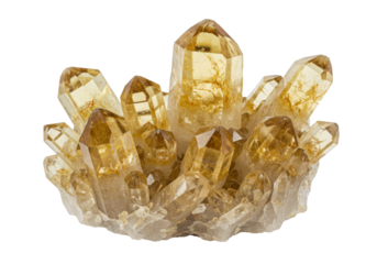 Isolated cluster of natural golden citrine crystals, raw gems, semi precious stones, mineral