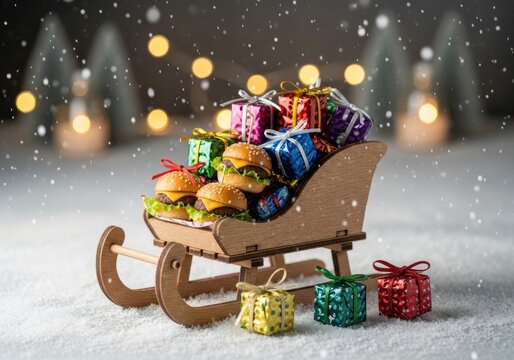 Christmas Food Concept Sleigh Full of Miniature Burgers and Gifts for Holiday Feast or Winter Celebration Against Snowy Backdrop Max 160 Characters in Title