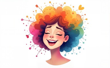 Mental health and creative abstract concept. Colorful illustration of happy womale head  in paint splatter style. Mindfulness and self care idea. White background. Copy space. Generative AI.