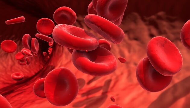 Red blood cells flowing through blood vessels in a human body system