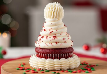 Christmas Food Concept Delightful red velvet cupcake elegantly stacked creamy frosting top creating playful cap appearance treat presentation perfect small dessert