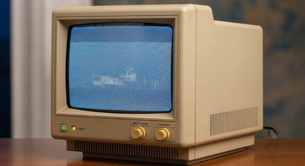 A vintage beige CRT computer monitor from the 1980s turned on and sitting on a wooden desk.