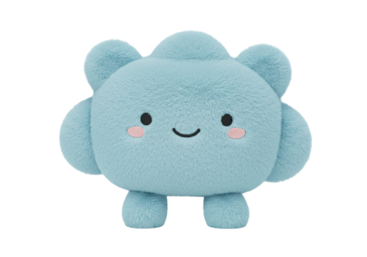 Isolated cute plush toy is presented in bright blue color with a fluffy texture design