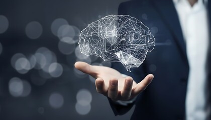 Businessman holding digital brain artificial intelligence innovation and technology concept