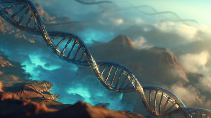 DNA strand floating over alien landscape