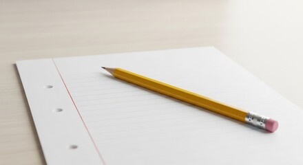 Simple yellow pencil resting on a blank white lined paper, ready for note-taking, sketching, or problem-solving, symbolizing new ideas and creative thought.