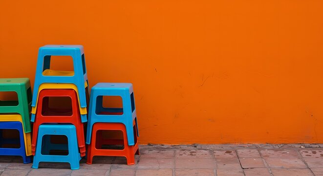 Ho Chi Minh, Vietnam Colorful Plastic Stools Stacked Near an Orange Wall in a Vibrant