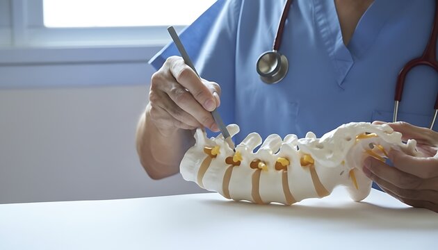 Doctor explaining spinal anatomy using a model in a medical office setting