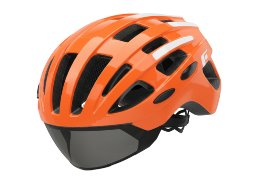 Isolated orange bike helmet with white stripes for road racing and casual cycling safety