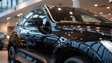 A sleek black car in a bright modern showroom decorated with warm Christmas lights