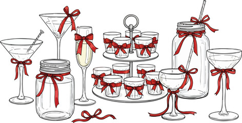 Elegant glassware collection with red ribbon accents