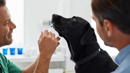 Veterinarian administering medication to a black dog with owner present.