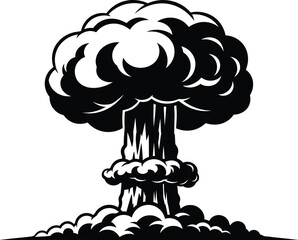 Stylized black and white mushroom cloud explosion vector illustration symbolizing nuclear war, atomic bomb, destruction, danger, and historical impactStylized black and white mushroom cloud 