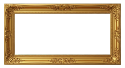 Empty Ornate Gold Photo Frame with Decorative Baroque Carvings Isolated on Transparent Background.
