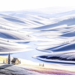 A picturesque winter scene unfolds with a gentle river flowing through snow-covered hills, featuring a cozy house and evergreen trees.