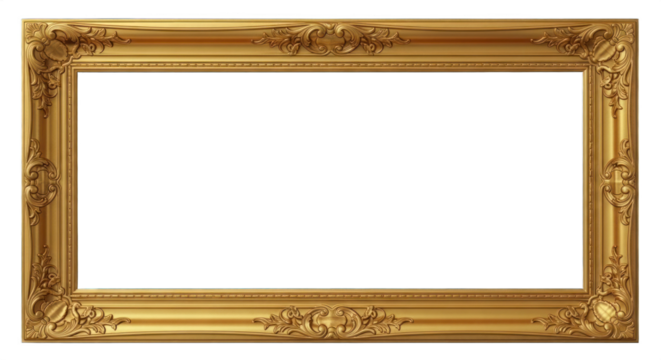Empty Ornate Gold Photo Frame with Decorative Baroque Carvings Isolated on Transparent Background.