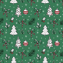 Christmas Seamless Line Art Pattern with White Trees Bows Baubles Candy Canes Holly and Pine Branches on Green Background Minimal Festive Holiday Design