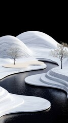 A stylized winter scene featuring smooth, white, layered hills, a dark, winding river, and two bare trees against a black background.