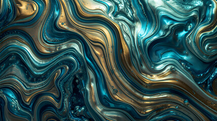 Abstract Metallic Flow: Dynamic Marbling Texture of Teal, Gold and Liquid Metal