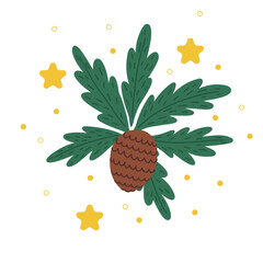 Hand drawn illustration of fir branch with cone and golden stars 
