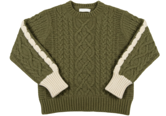 Isolated wool crewneck sweater with cable knit pattern and sleeve detail, fashion apparel