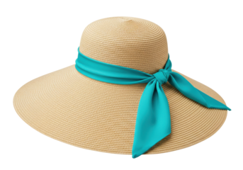Isolated straw sunhat with teal ribbon, beach fashion accessory for vacation or sun protection