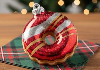 Christmas Food Concept Festive doughnut food on checkered napkin holiday table dessert snack pastry tasty baked delicious sweet confectionery sugary ornamental donut