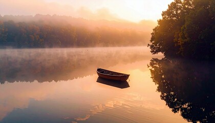 A solitary wooden rowboat rests peacefully on a calm, misty lake during a beautiful sunrise, with trees lining the distant shore.