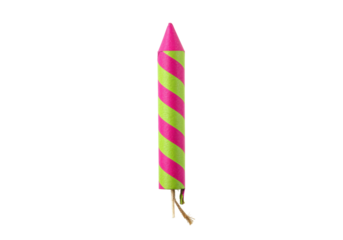 Isolated festive fireworks firecracker, striped in pink and green, ready to ignite, celebration