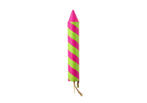 Isolated festive fireworks firecracker, striped in pink and green, ready to ignite, celebration