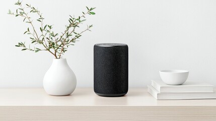 A black cylindrical smart speaker sits on a wooden shelf next to a white vase with green branches and a stack of white books topped with a small white bowl.