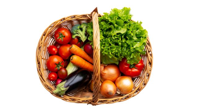 Wicker basket overflowing with vibrant fresh garden vegetables for healthy diet  isoleted on transparent background