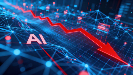 AI Downtrend Graph With Arrow Over World Map Background: Blue Tech Finance Concept