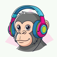 Cartoon chimpanzee wearing colorful headphones listening to music.eps